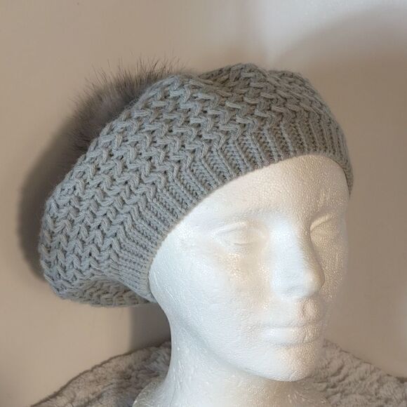 Knit French Beret Faux Fur Pompom Woman's Hat - Picture 5 of 5